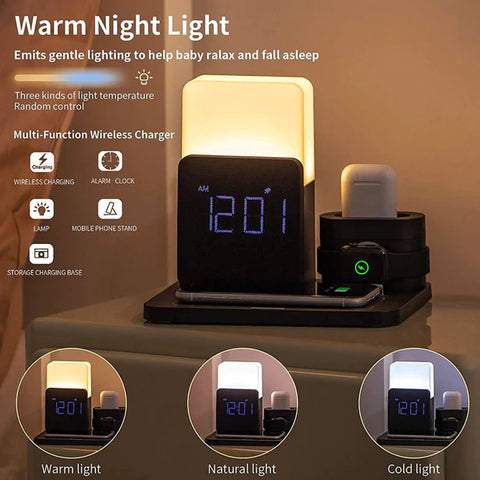 univazo - 4 In 1 Fast Wireless Charger Station Alarm Clock with Lamp for Apple